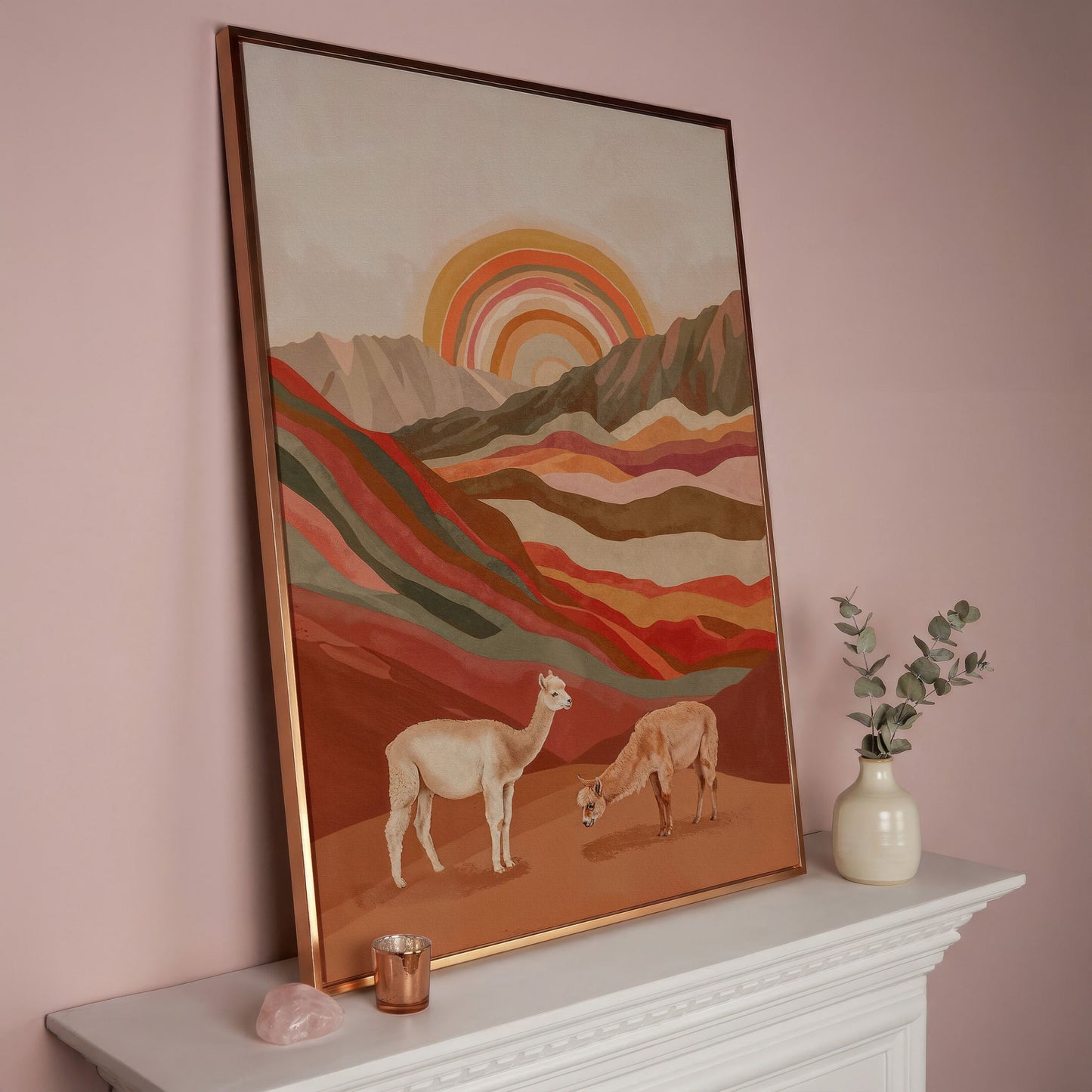 Majestic Alpacas in Boho Landscape Canvas in rose gold floating frame