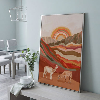 Majestic Alpacas in Boho Landscape Canvas in silver floating frame