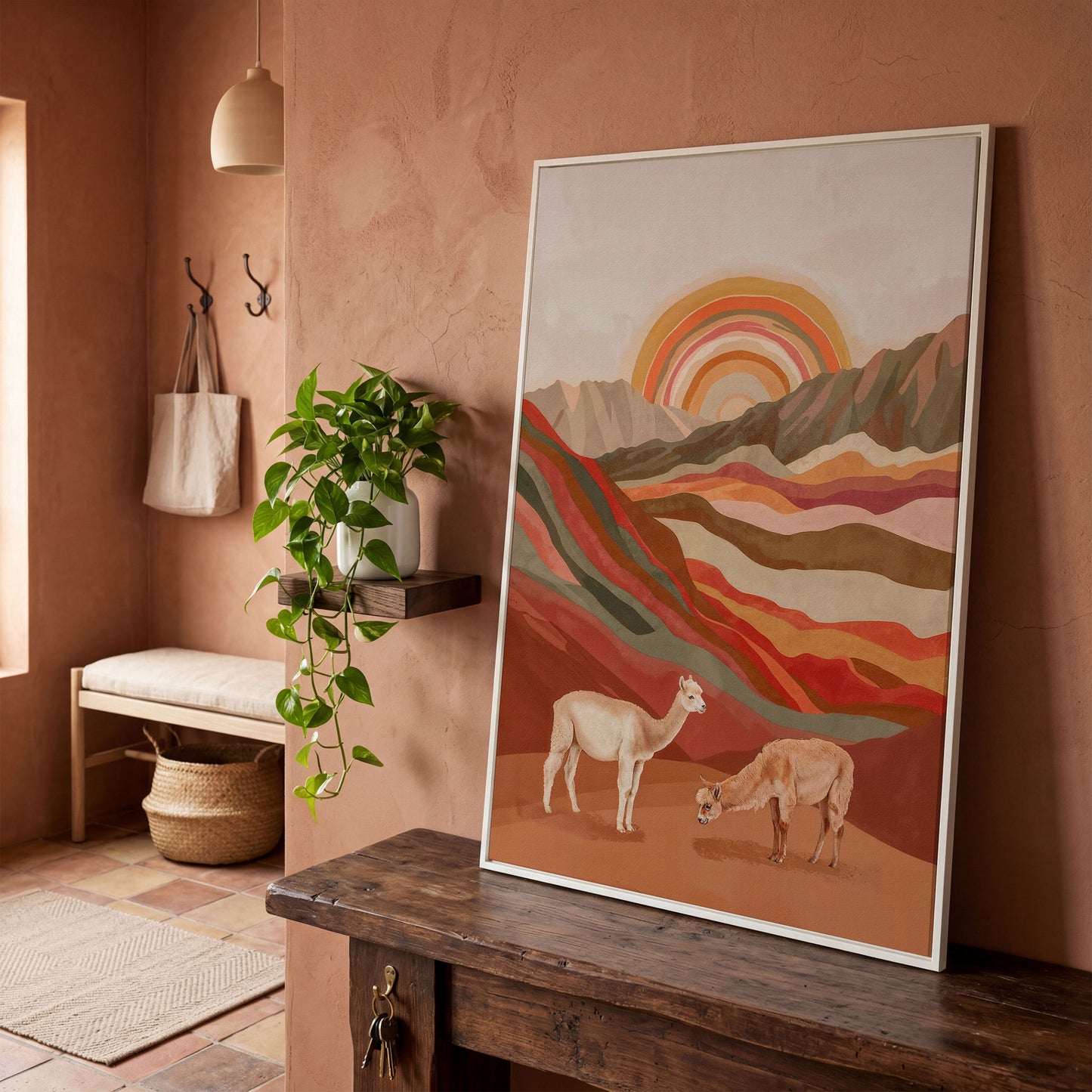 Majestic Alpacas in Boho Landscape Canvas in white floating frame