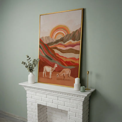 Majestic Alpacas in Boho Landscape Canvas in yellow gold floating frame