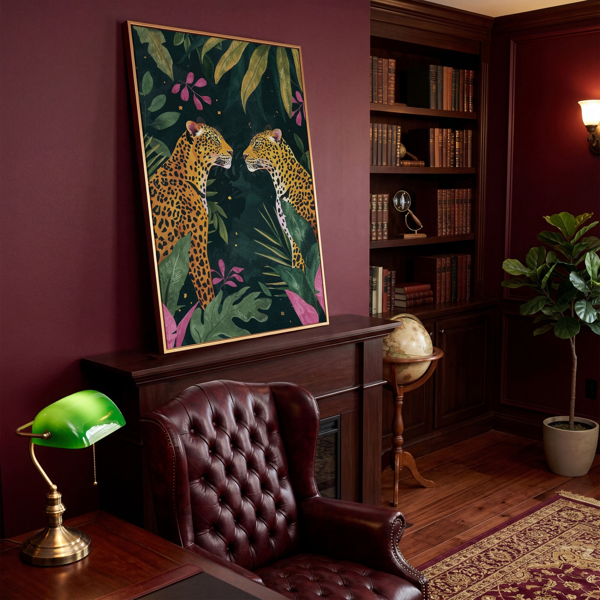 Leopard Duo in Botanical Foliage Canvas in antique gold floating frame