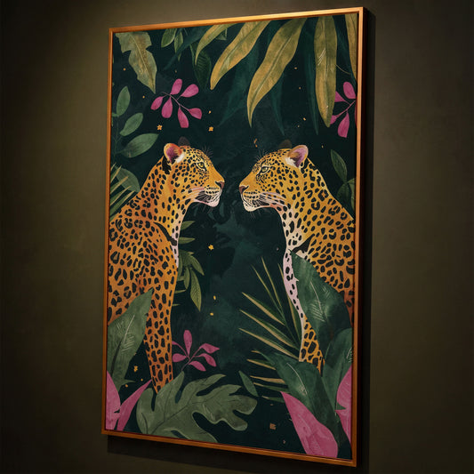 Leopard Duo in Botanical Foliage Canvas shown in antique gold floating frame