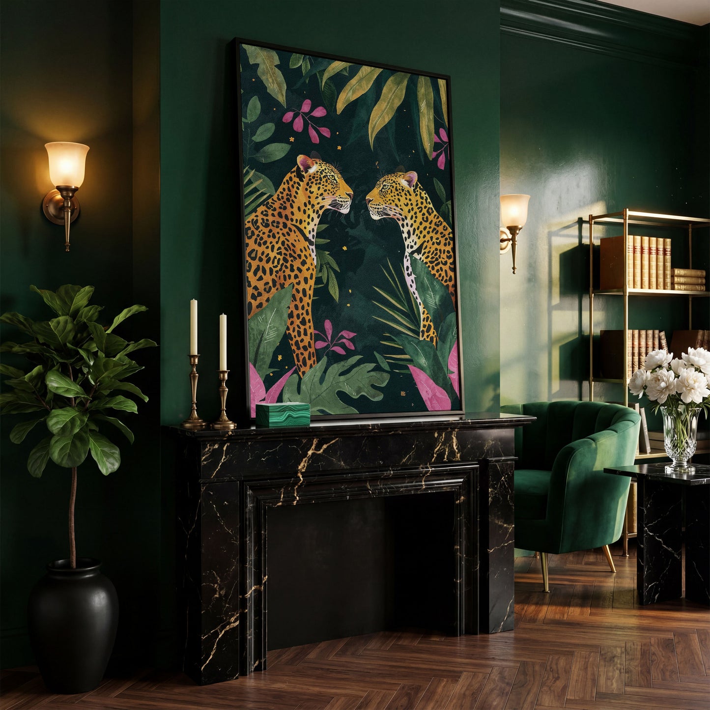 Leopard Duo in Botanical Foliage Canvas in black floating frame
