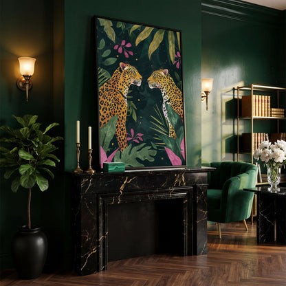 Leopard Duo in Botanical Foliage Canvas in black floating frame