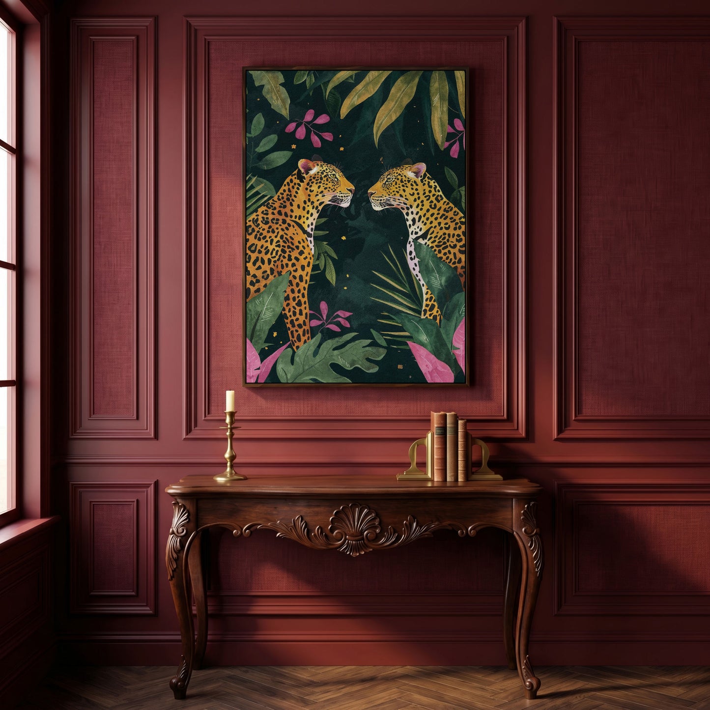 Leopard Duo in Botanical Foliage Canvas in dark walnut floating frame