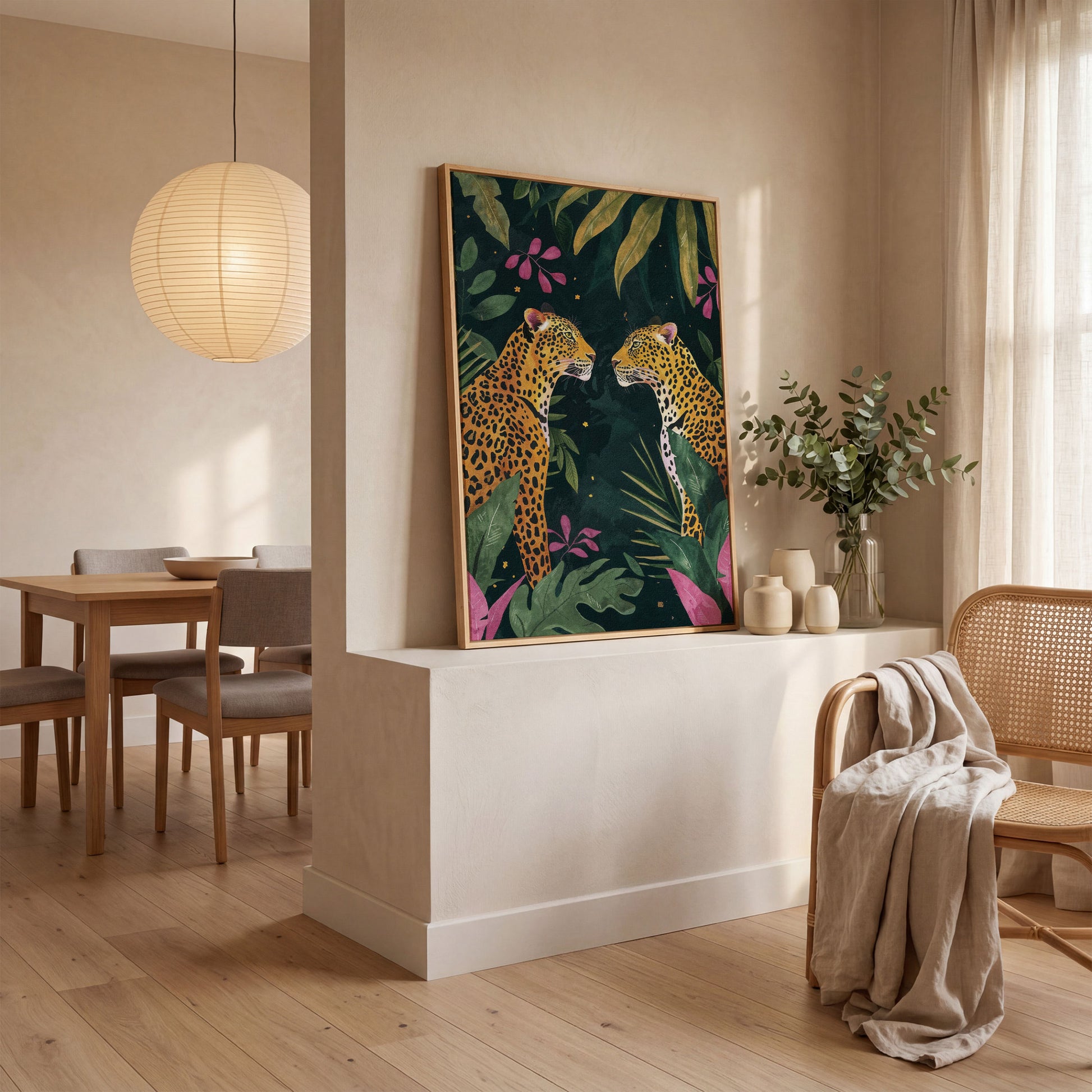 Leopard Duo in Botanical Foliage Canvas in white oak floating frame