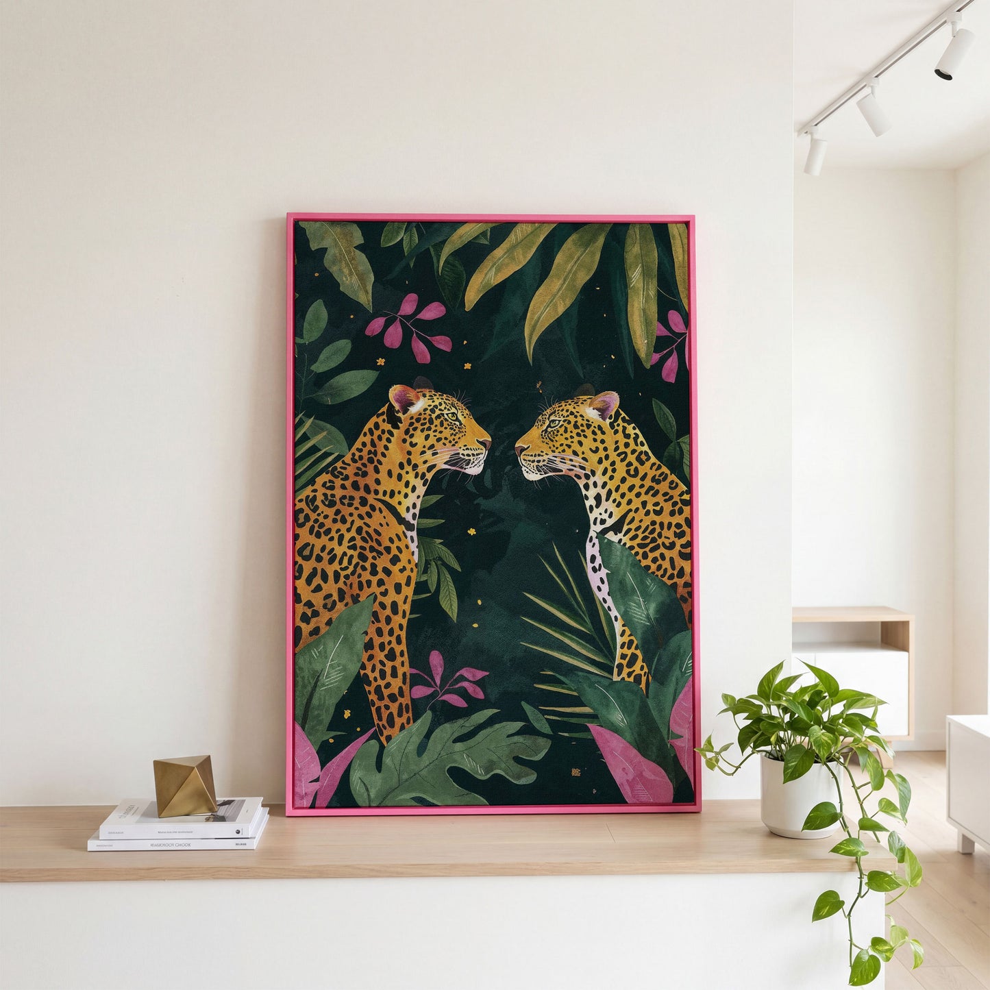 Leopard Duo in Botanical Foliage Canvas in pink floating frame