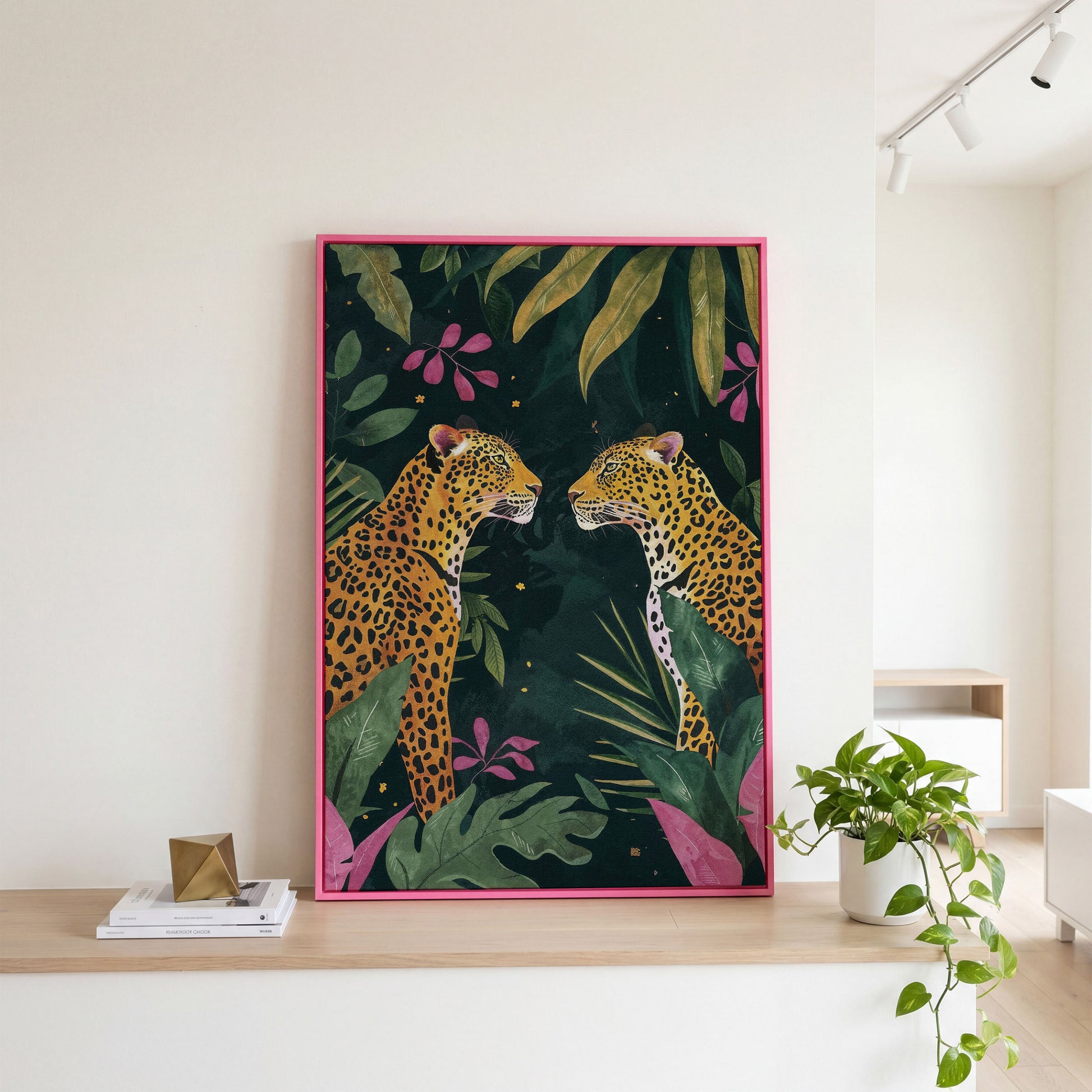 Leopard Duo in Botanical Foliage Canvas in pink floating frame