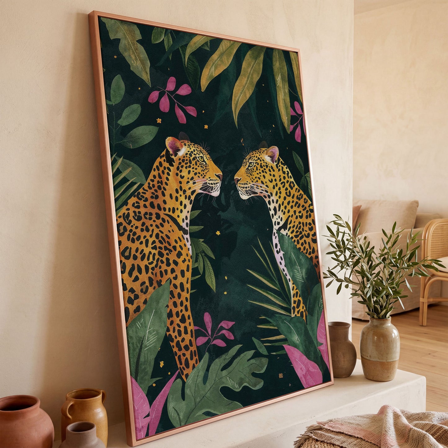 Leopard Duo in Botanical Foliage Canvas in rose gold floating frame