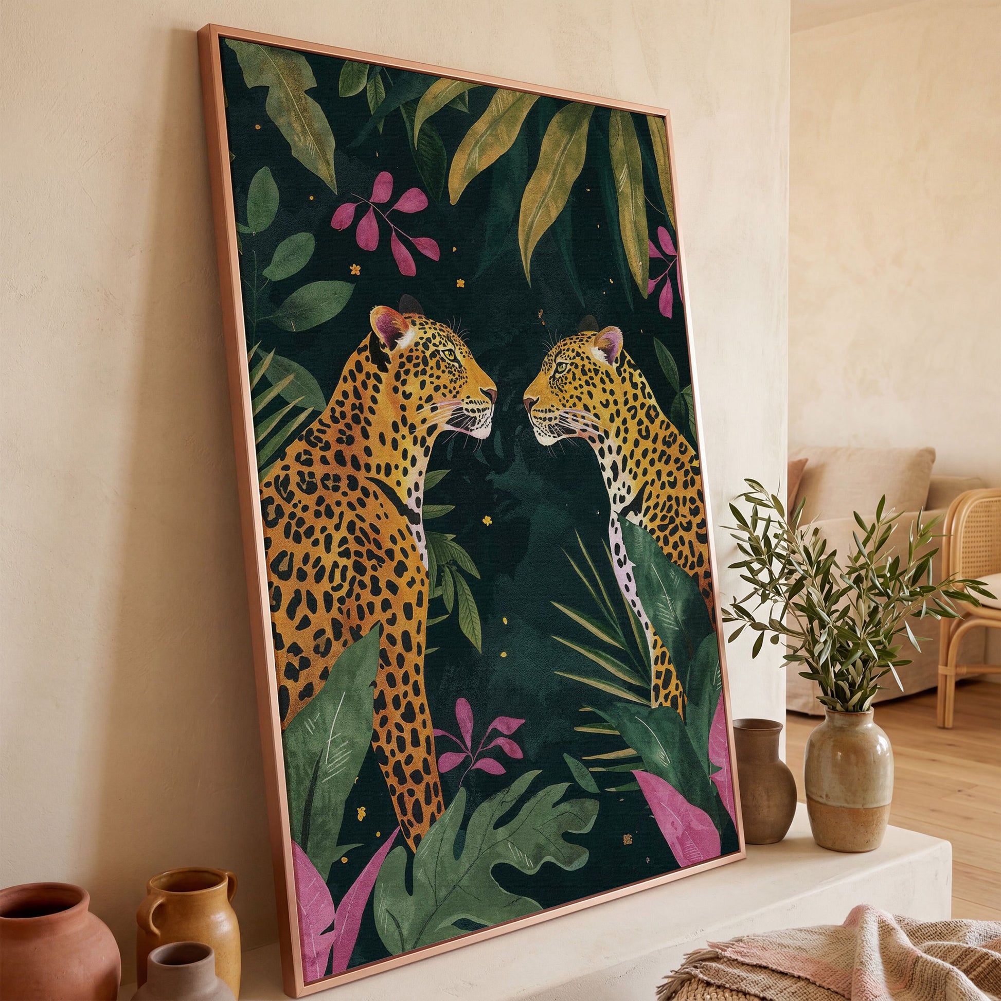 Leopard Duo in Botanical Foliage Canvas in rose gold floating frame