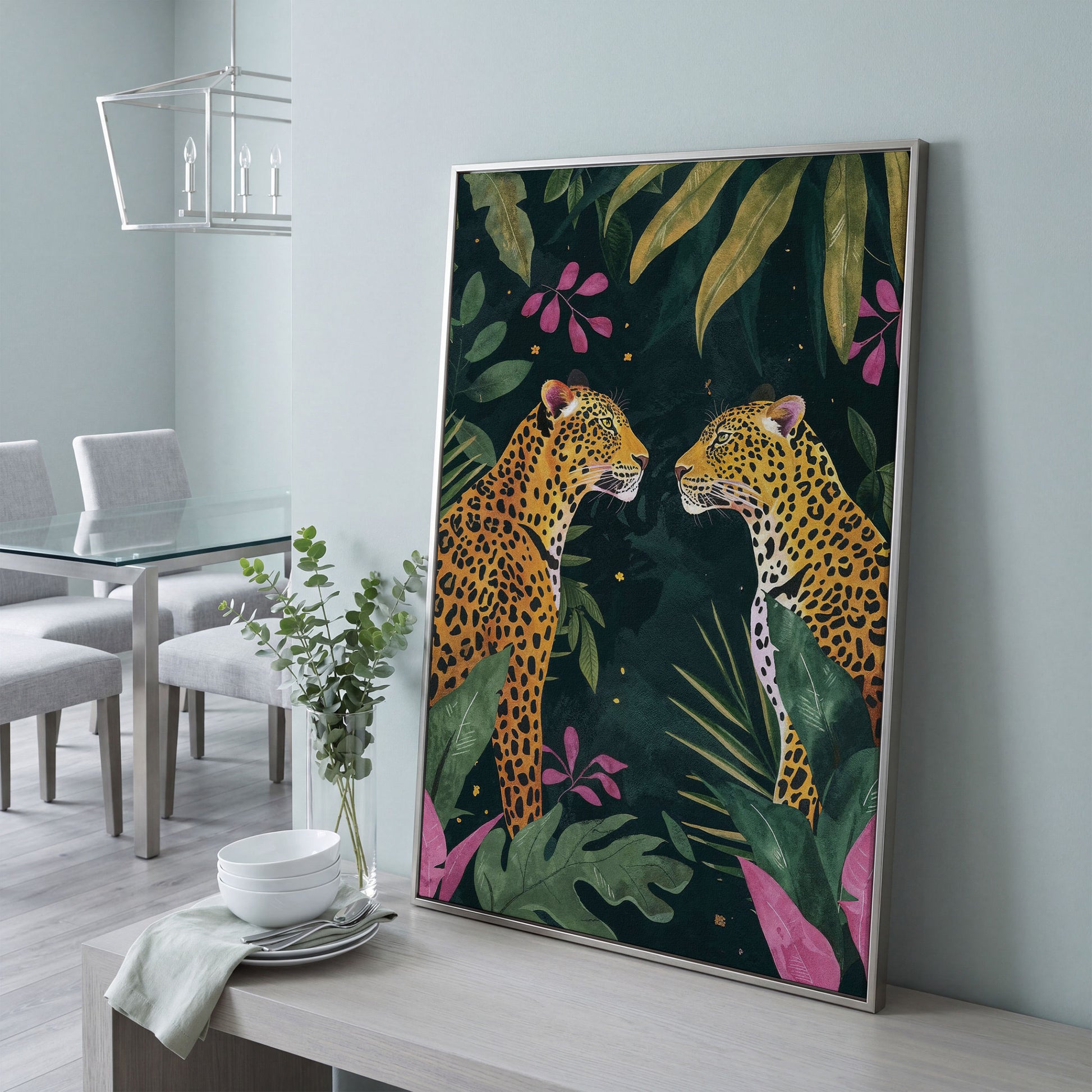 Leopard Duo in Botanical Foliage Canvas in silver floating frame