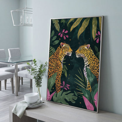 Leopard Duo in Botanical Foliage Canvas in silver floating frame