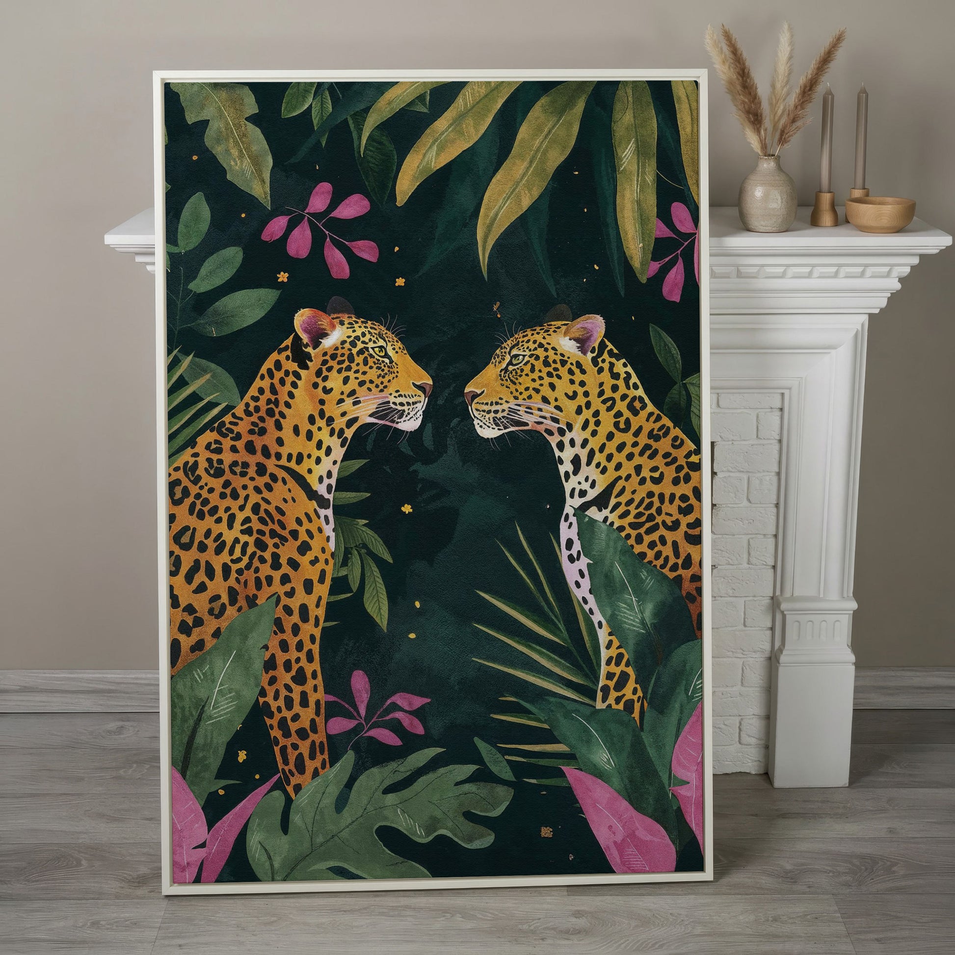 Leopard Duo in Botanical Foliage Canvas in white floating frame
