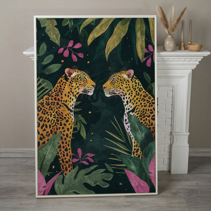 Leopard Duo in Botanical Foliage Canvas in white floating frame