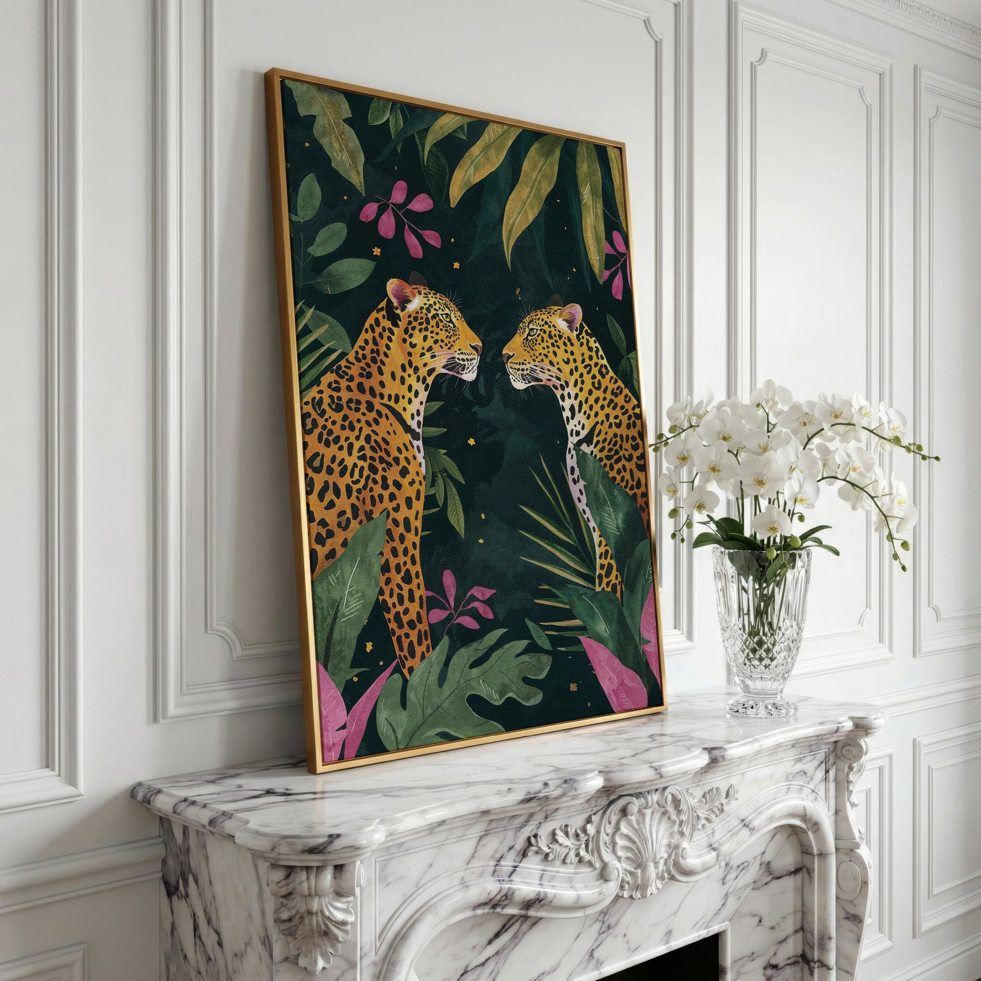 Leopard Duo in Botanical Foliage Canvas in yellow gold floating frame