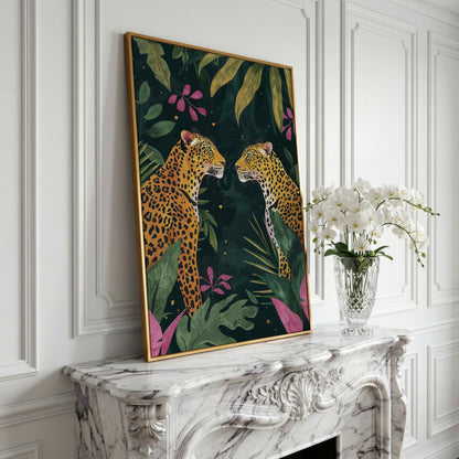 Leopard Duo in Botanical Foliage Canvas in yellow gold floating frame