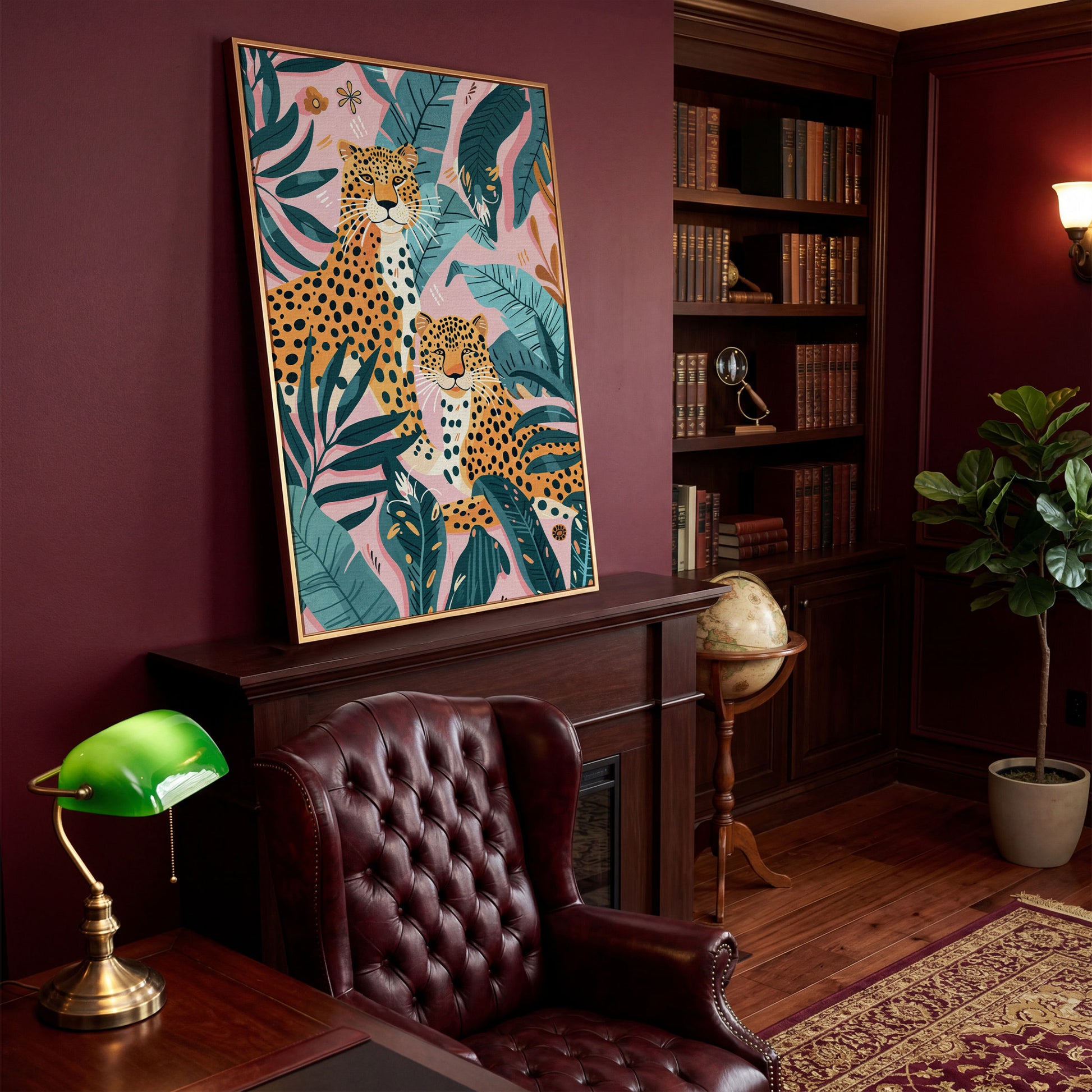 Cheetah Duo in Jungle Leaves Canvas Print in antique gold floating frame