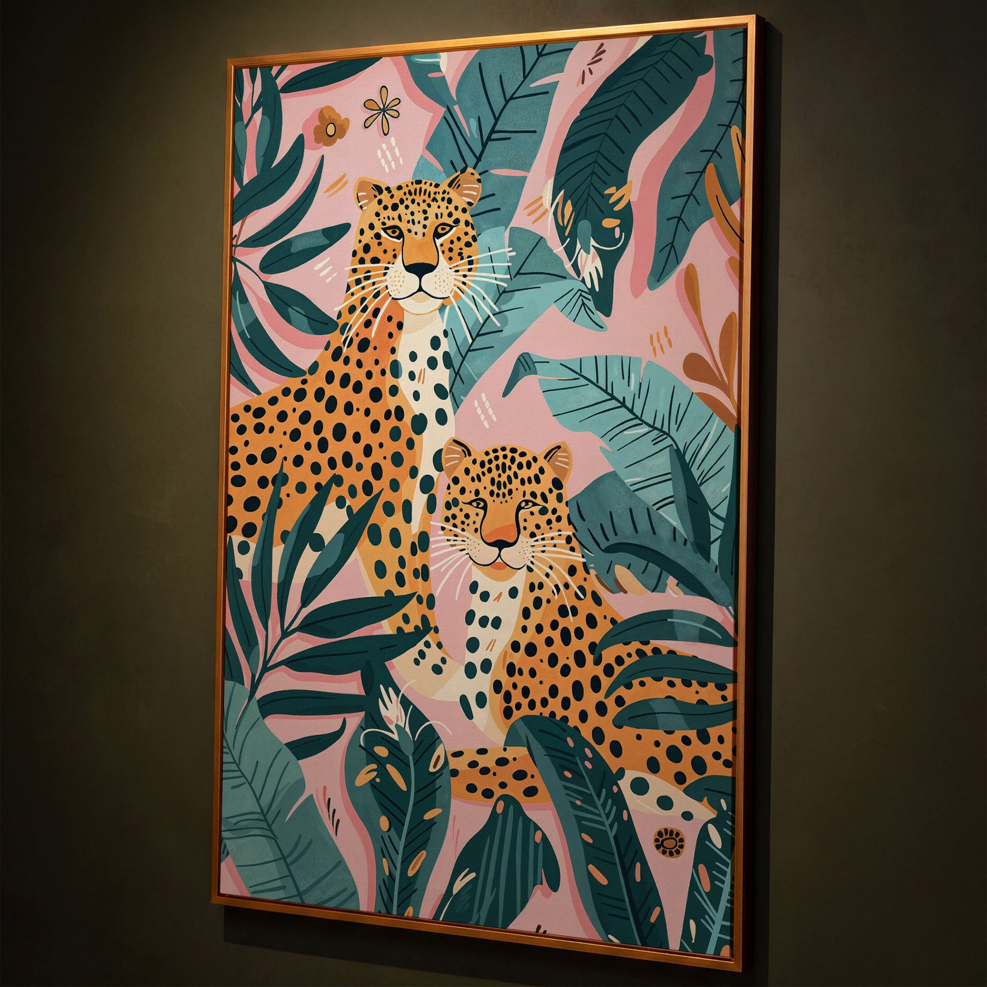 Cheetah Duo in Jungle Leaves Canvas Print shown in antique gold floating frame