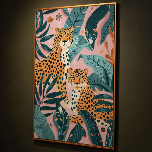 Cheetah Duo in Jungle Leaves Canvas Print shown in antique gold floating frame
