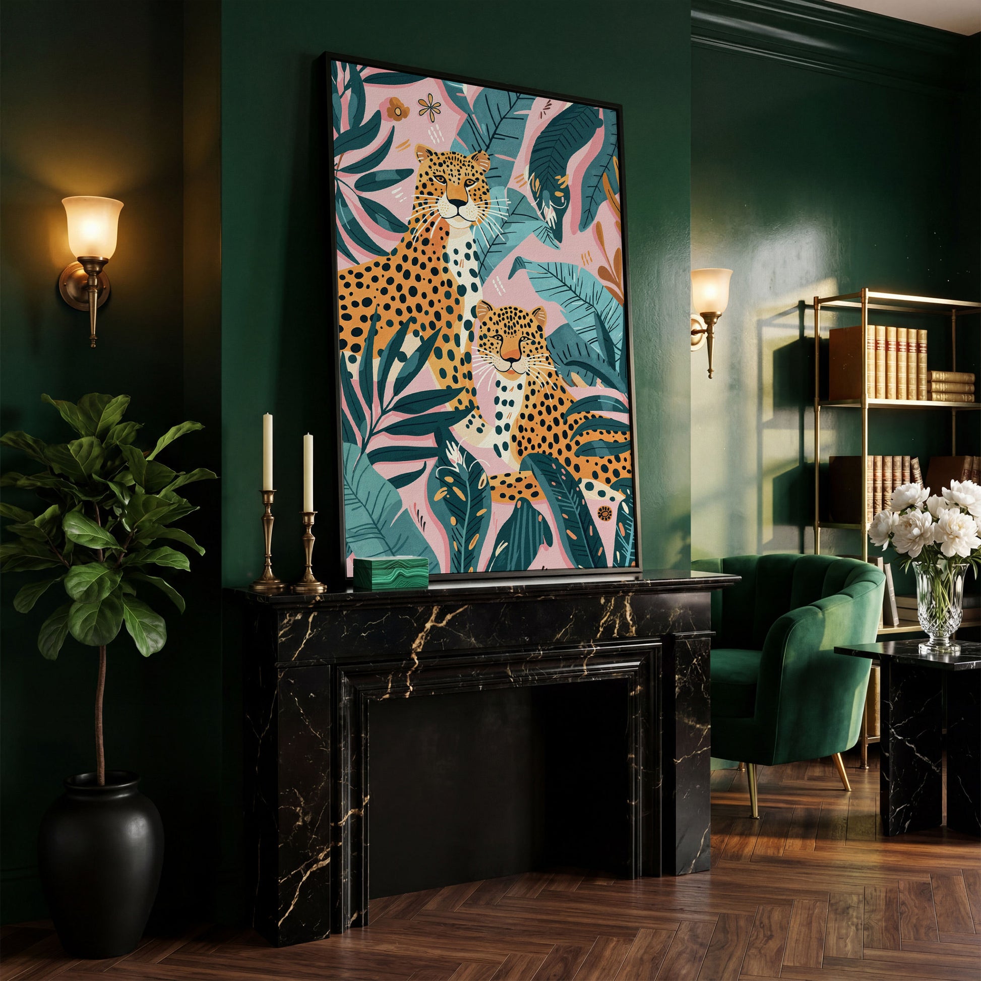 Cheetah Duo in Jungle Leaves Canvas Print in black floating frame