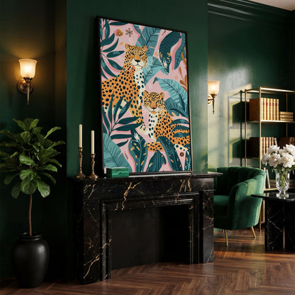Cheetah Duo in Jungle Leaves Canvas Print in black floating frame