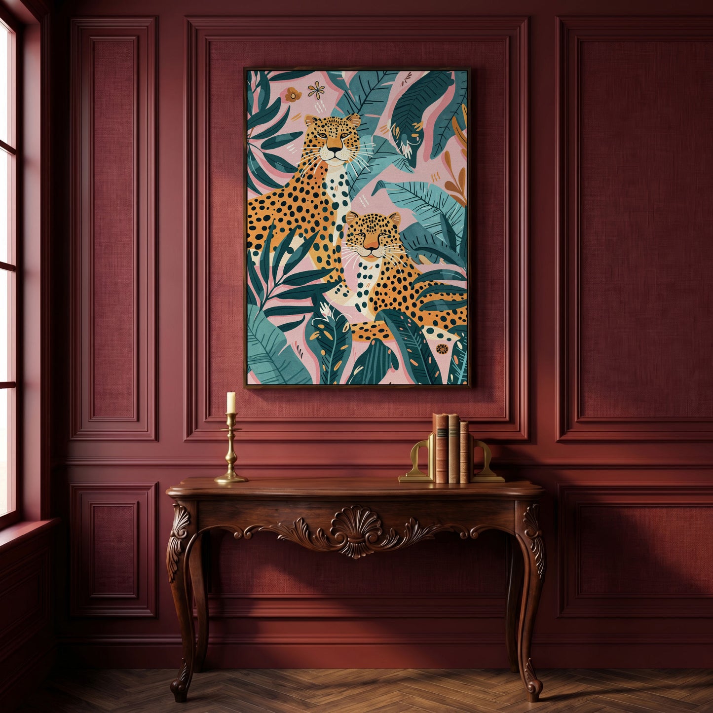 Cheetah Duo in Jungle Leaves Canvas Print in dark walnut floating frame