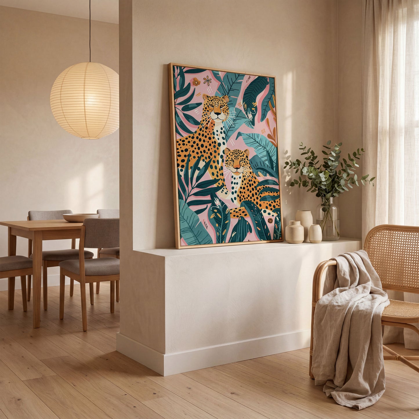 Cheetah Duo in Jungle Leaves Canvas Print in white oak floating frame