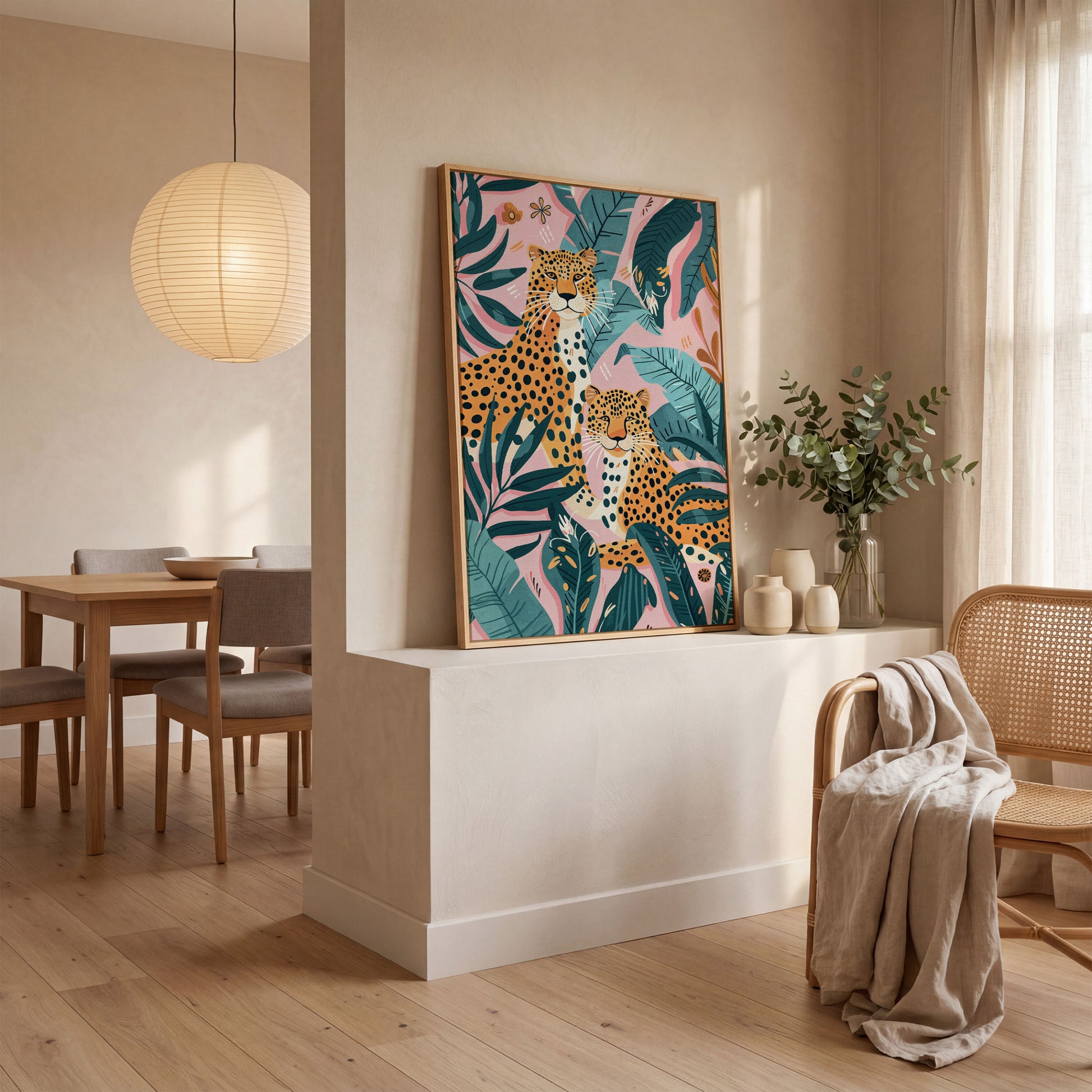 Cheetah Duo in Jungle Leaves Canvas Print in white oak floating frame