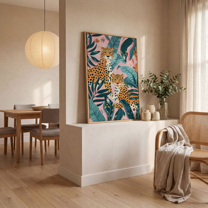 Cheetah Duo in Jungle Leaves Canvas Print in white oak floating frame