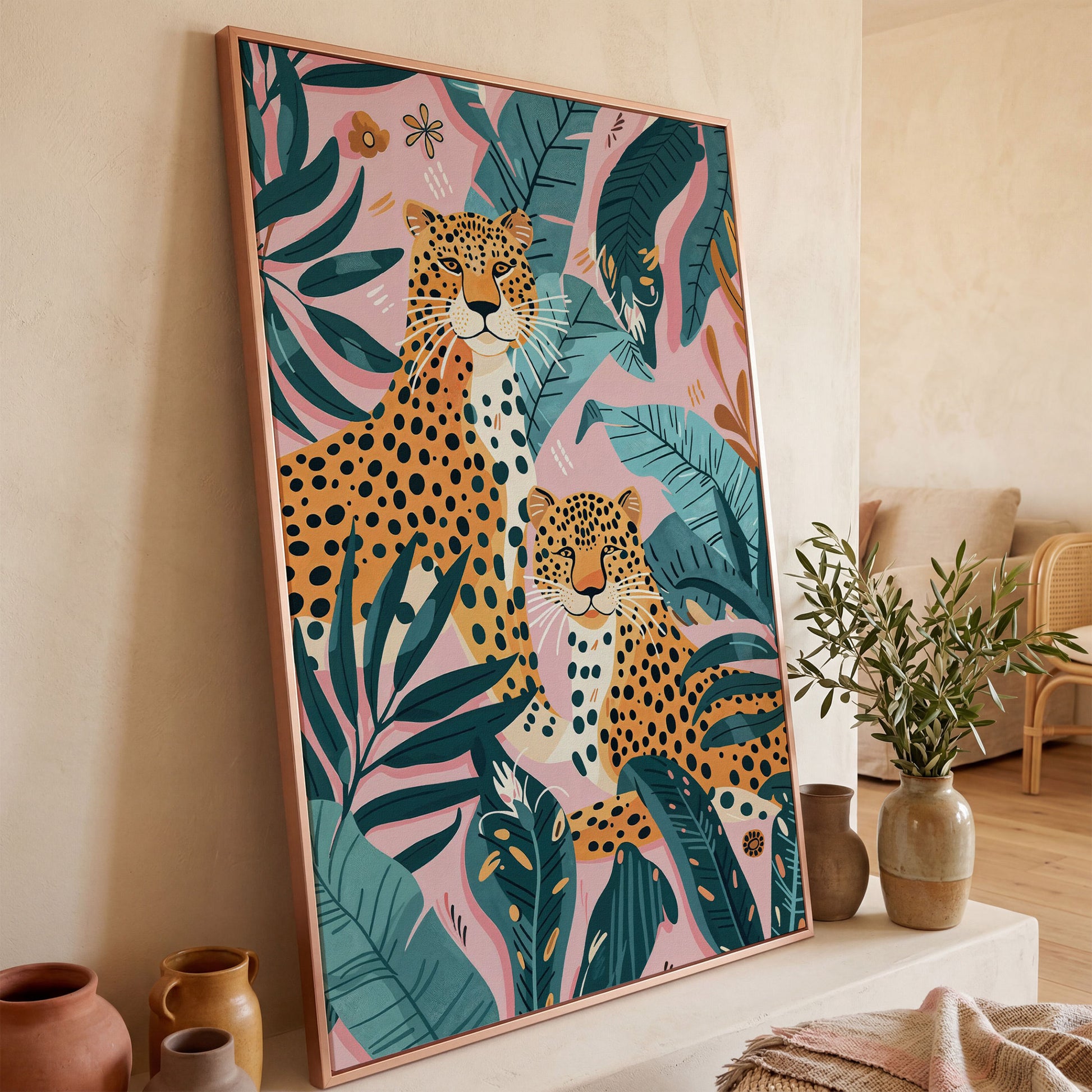 Cheetah Duo in Jungle Leaves Canvas Print in rose gold floating frame