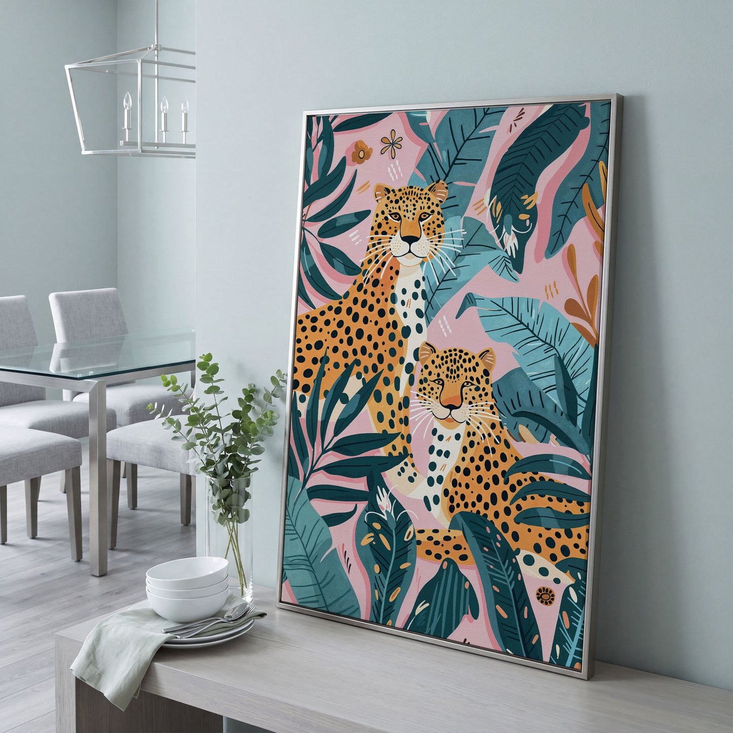 Cheetah Duo in Jungle Leaves Canvas Print in silver floating frame