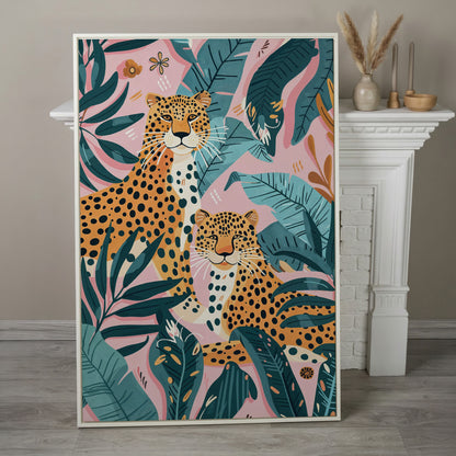 Cheetah Duo in Jungle Leaves Canvas Print in white floating frame