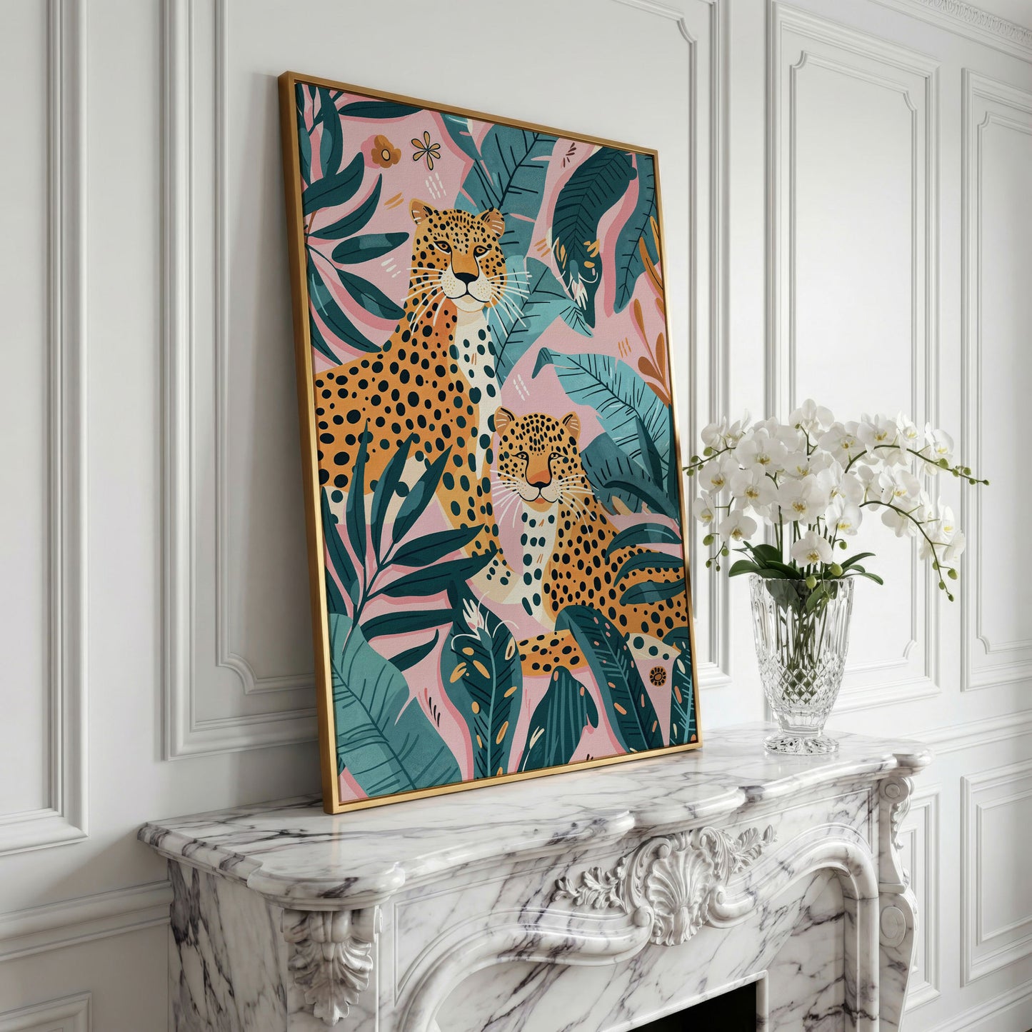 Cheetah Duo in Jungle Leaves Canvas Print in yellow gold floating frame