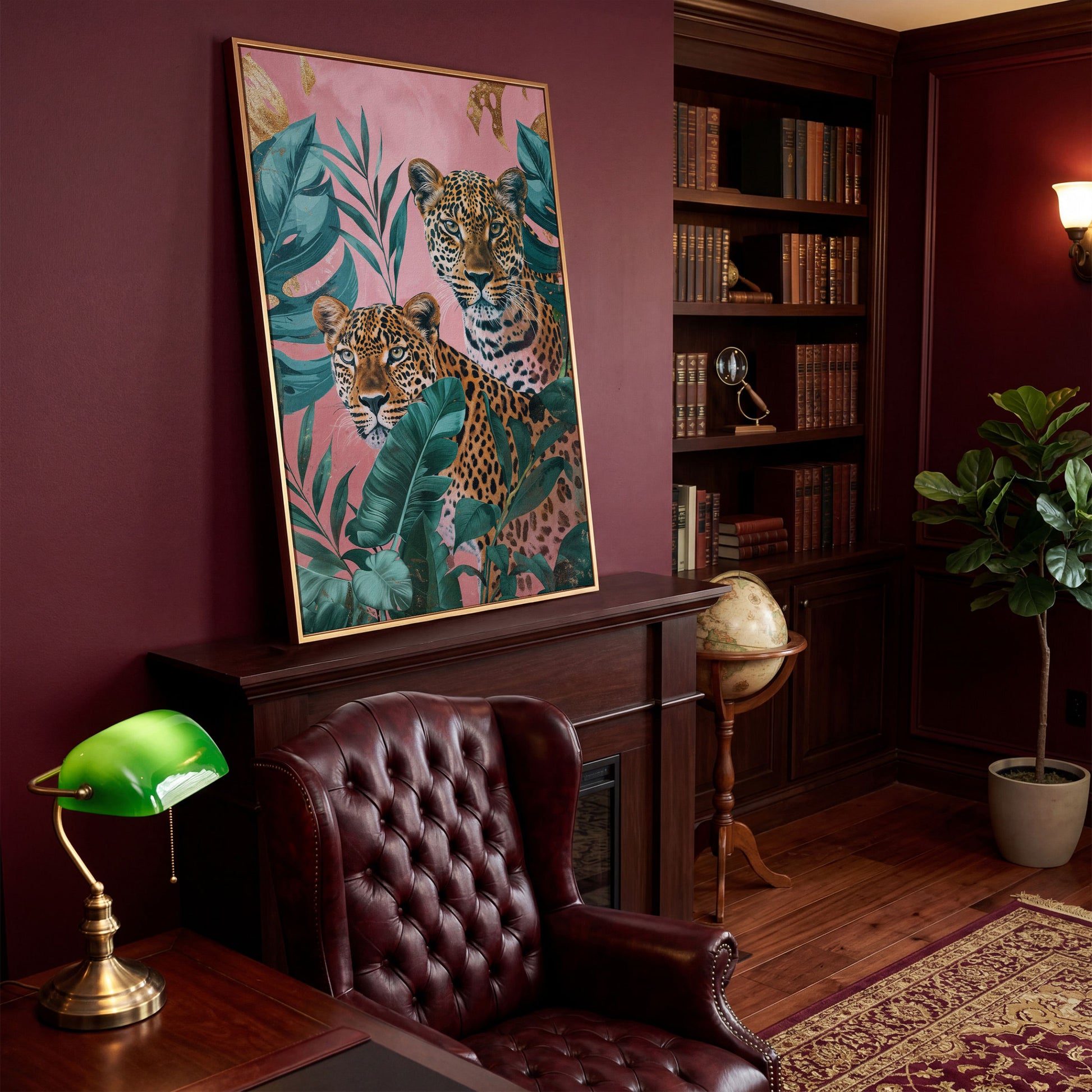 Leopard in Tropical Leaves Canvas in antique gold floating frame