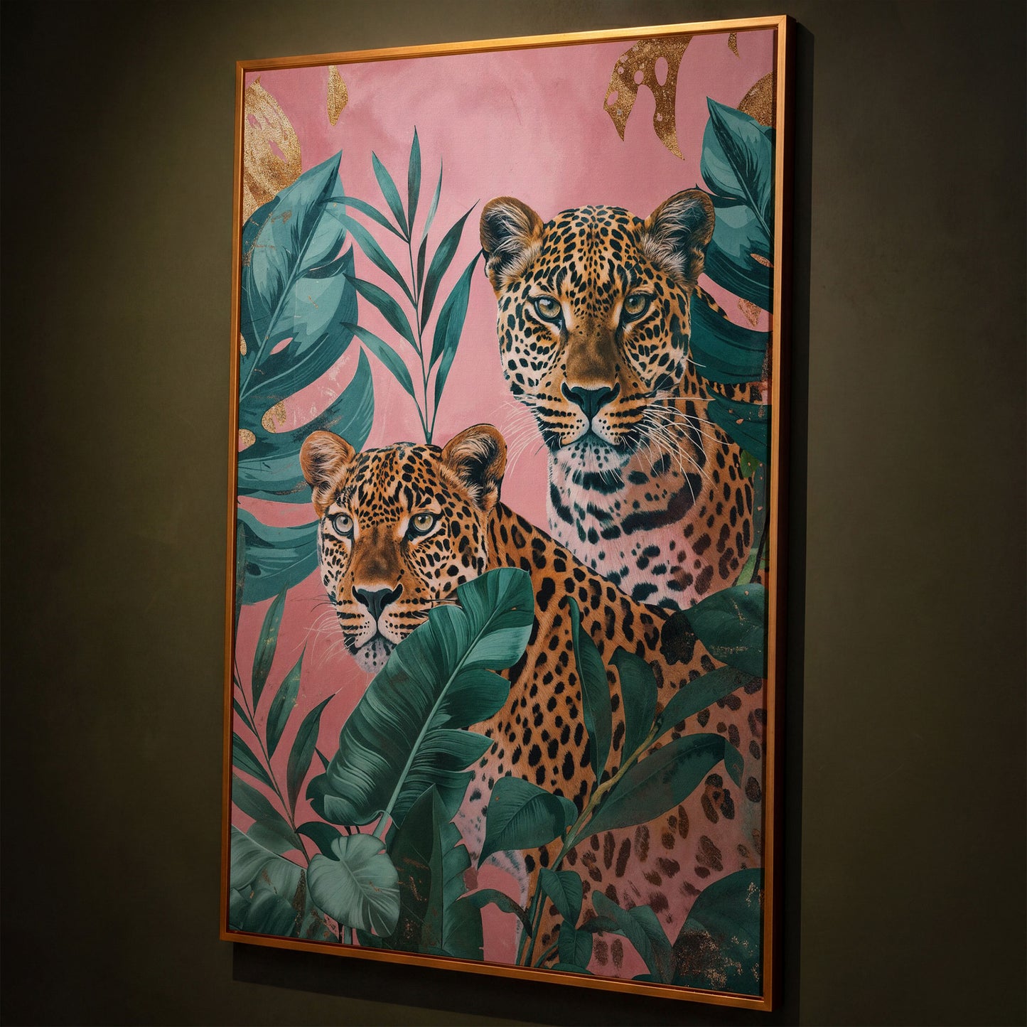 Leopard in Tropical Leaves Canvas shown in antique gold floating frame