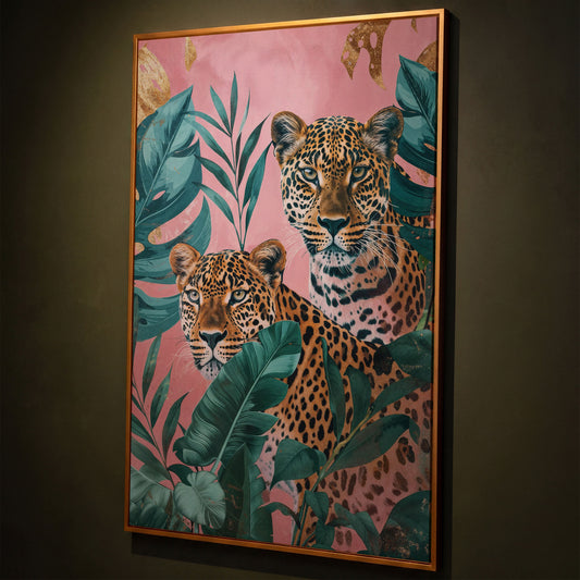 Leopard in Tropical Leaves Canvas shown in antique gold floating frame