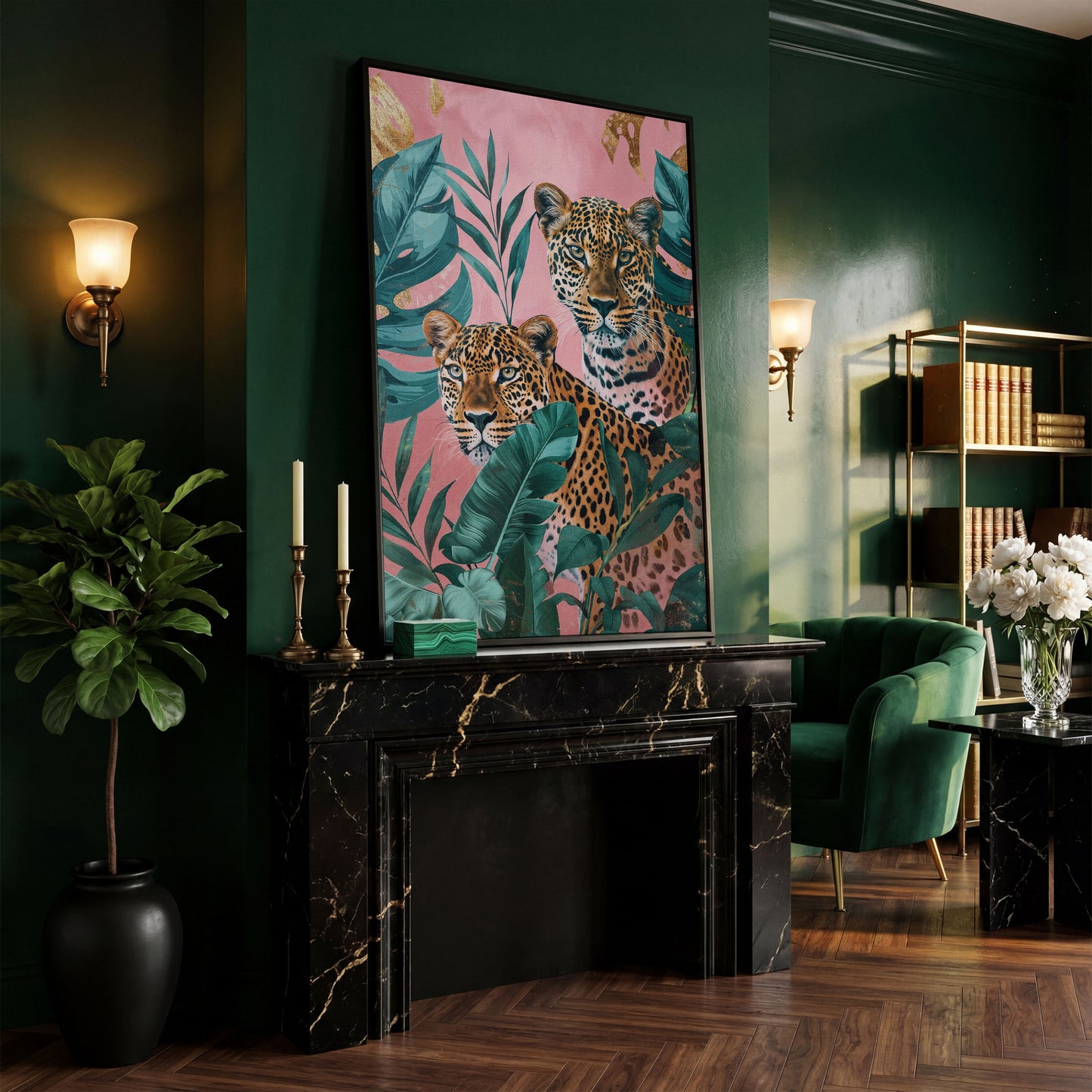 Leopard in Tropical Leaves Canvas in black floating frame