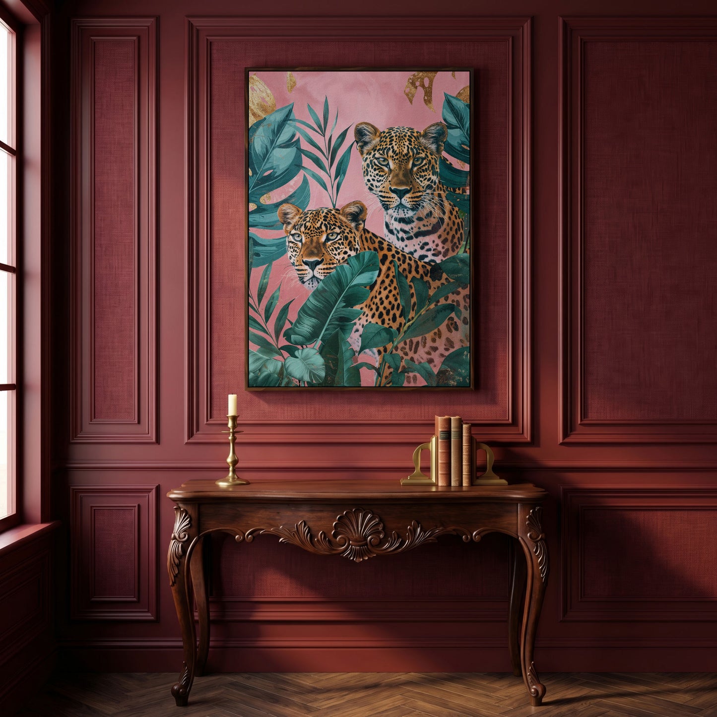 Leopard in Tropical Leaves Canvas in dark walnut floating frame
