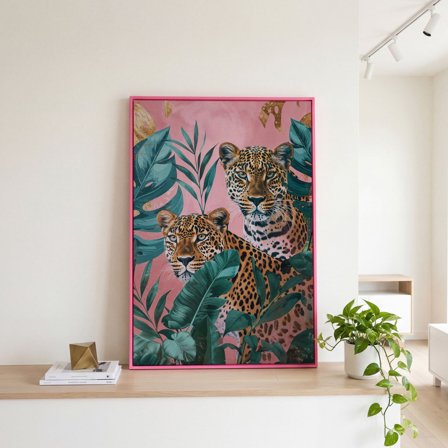 Leopard in Tropical Leaves Canvas in pink floating frame