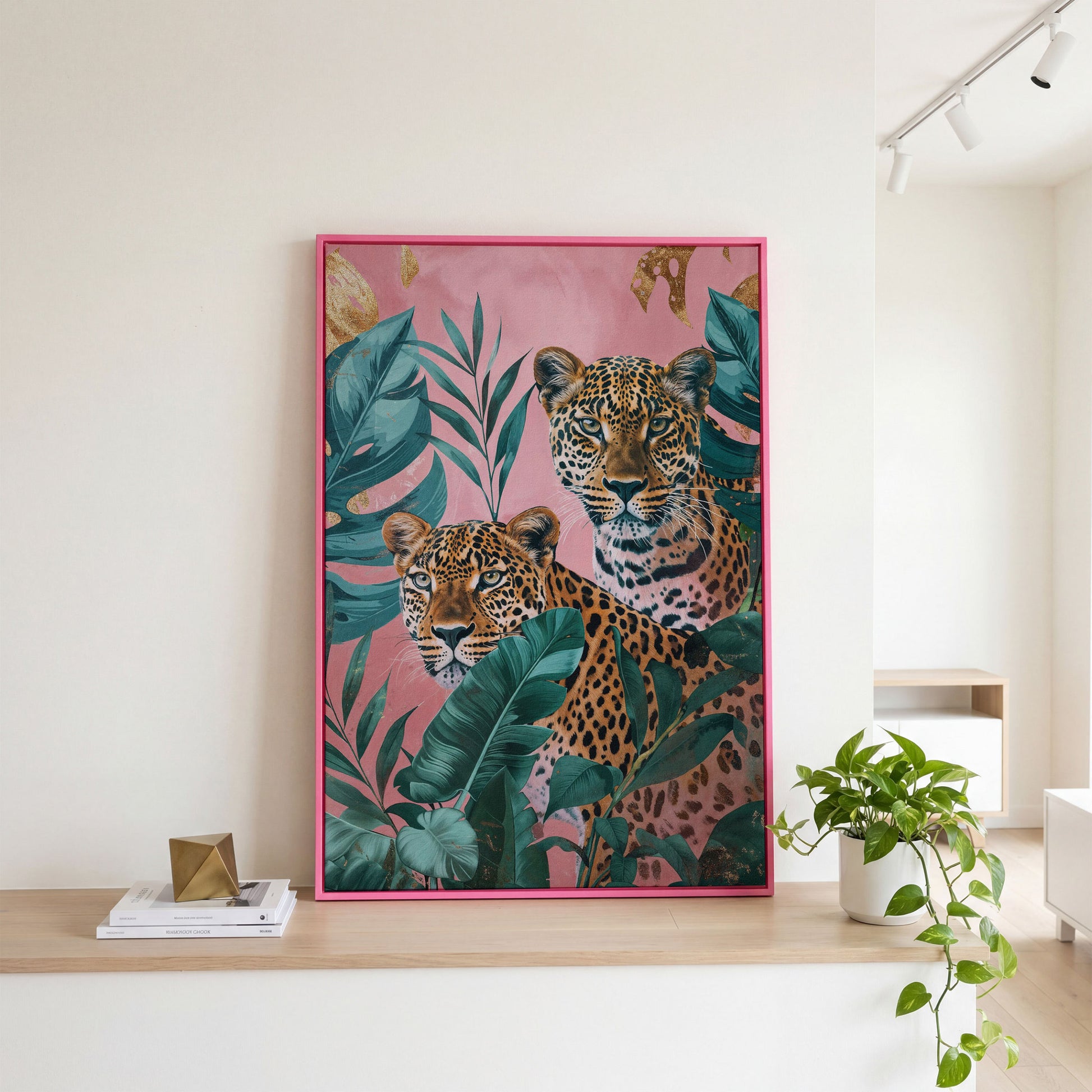Leopard in Tropical Leaves Canvas in pink floating frame