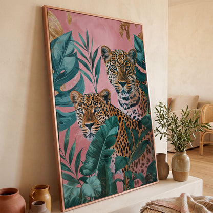 Leopard in Tropical Leaves Canvas in rose gold floating frame