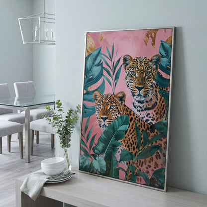 Leopard in Tropical Leaves Canvas in silver floating frame