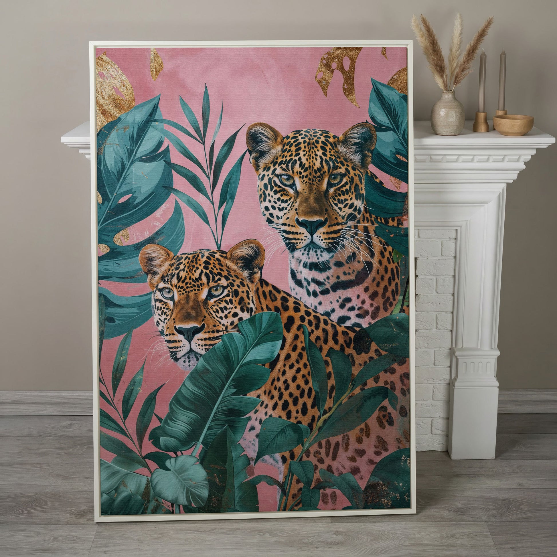 Leopard in Tropical Leaves Canvas in white floating frame
