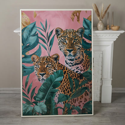 Leopard in Tropical Leaves Canvas in white floating frame