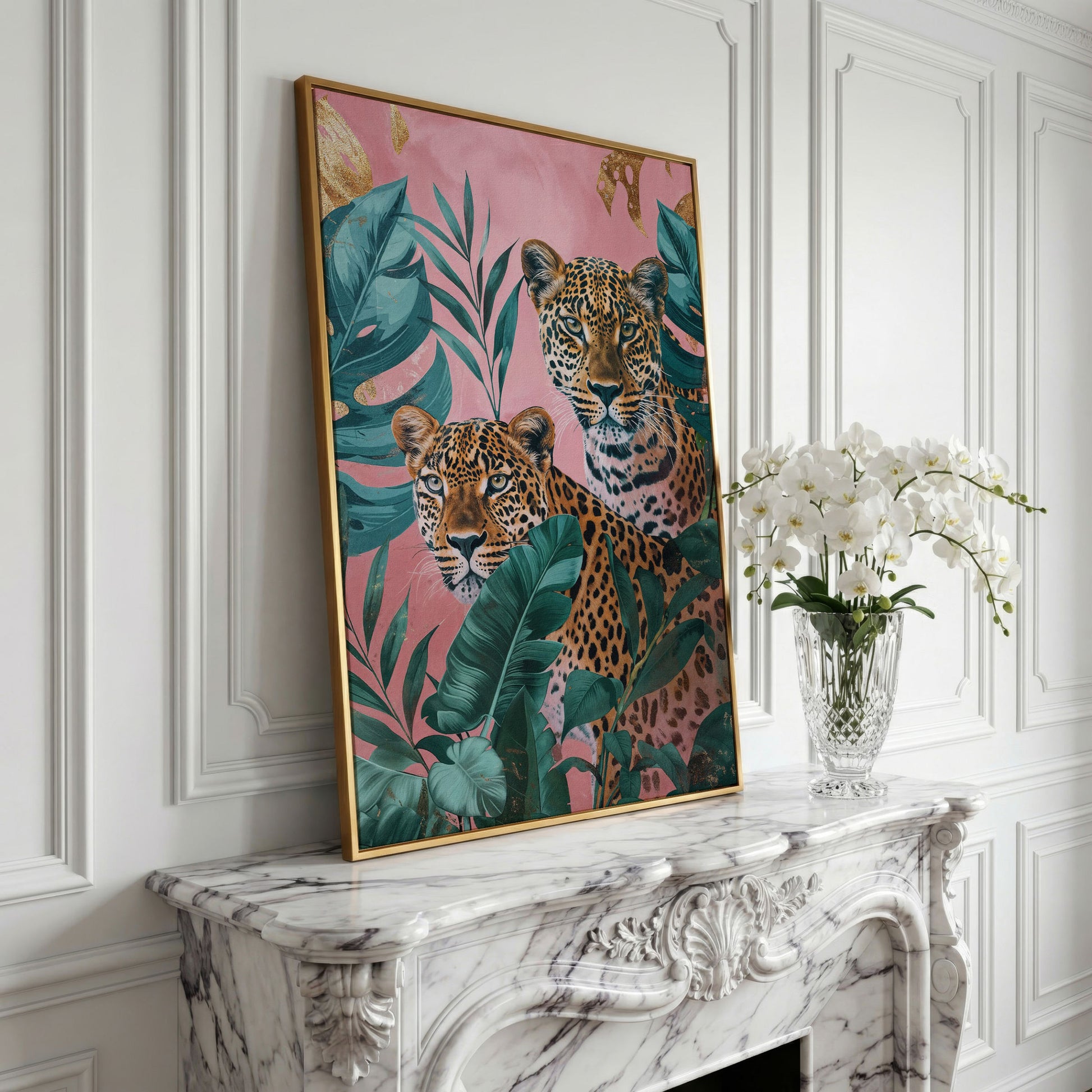 Leopard in Tropical Leaves Canvas in yellow gold floating frame