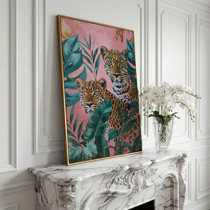 Leopard in Tropical Leaves Canvas in yellow gold floating frame
