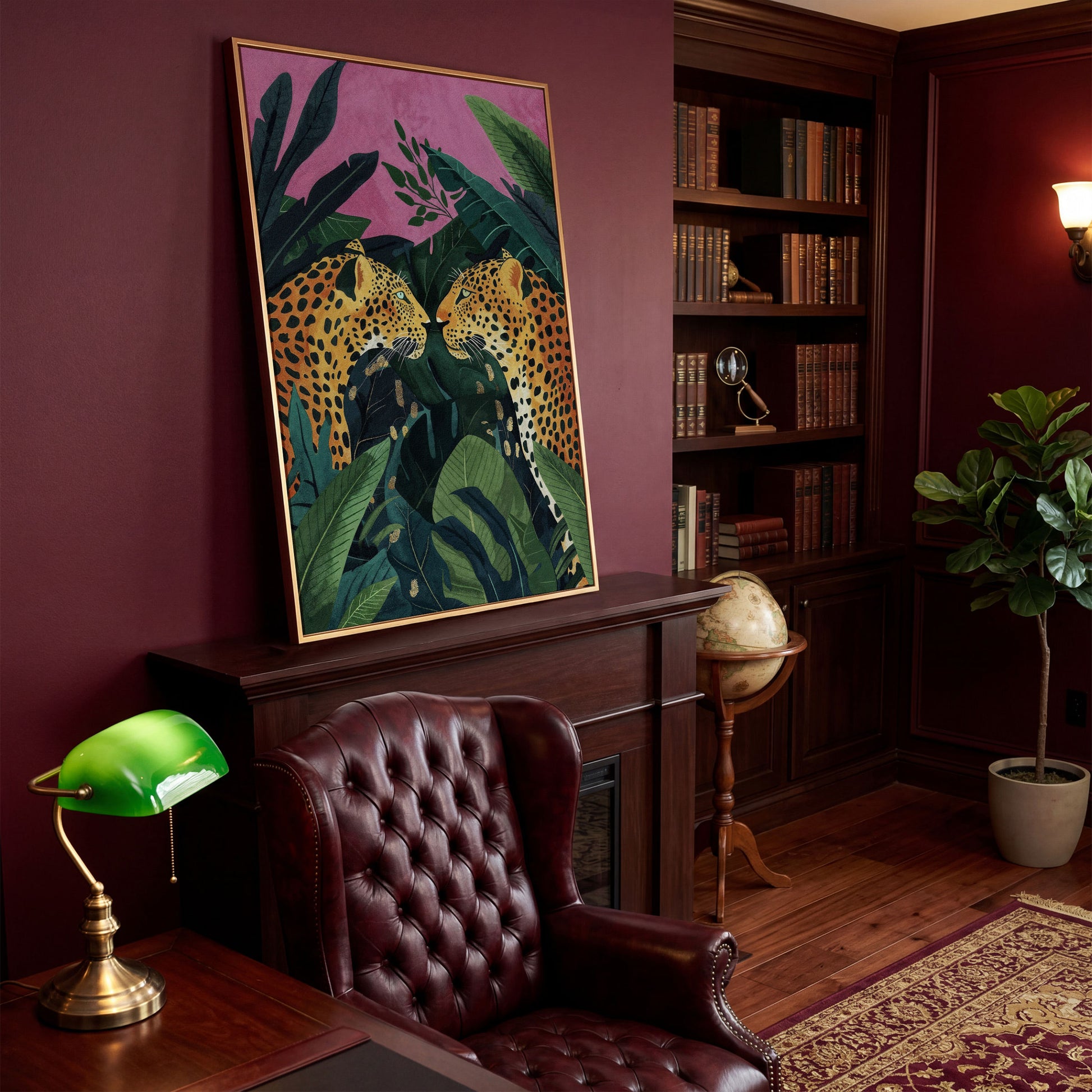 Jungle Leopard Pair Canvas Print with Tropical Leaves in antique gold floating frame