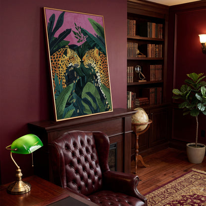 Jungle Leopard Pair Canvas Print with Tropical Leaves in antique gold floating frame