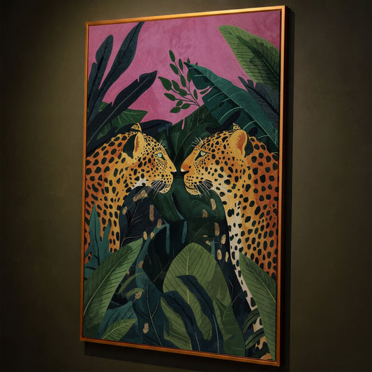 Jungle Leopard Pair Canvas Print with Tropical Leaves shown in antique gold floating frame