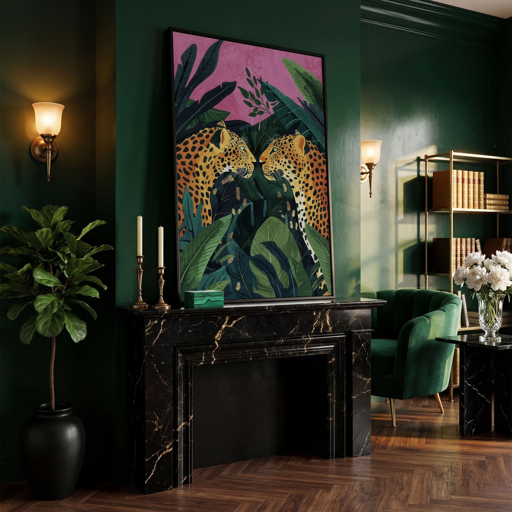 Jungle Leopard Pair Canvas Print with Tropical Leaves in black floating frame